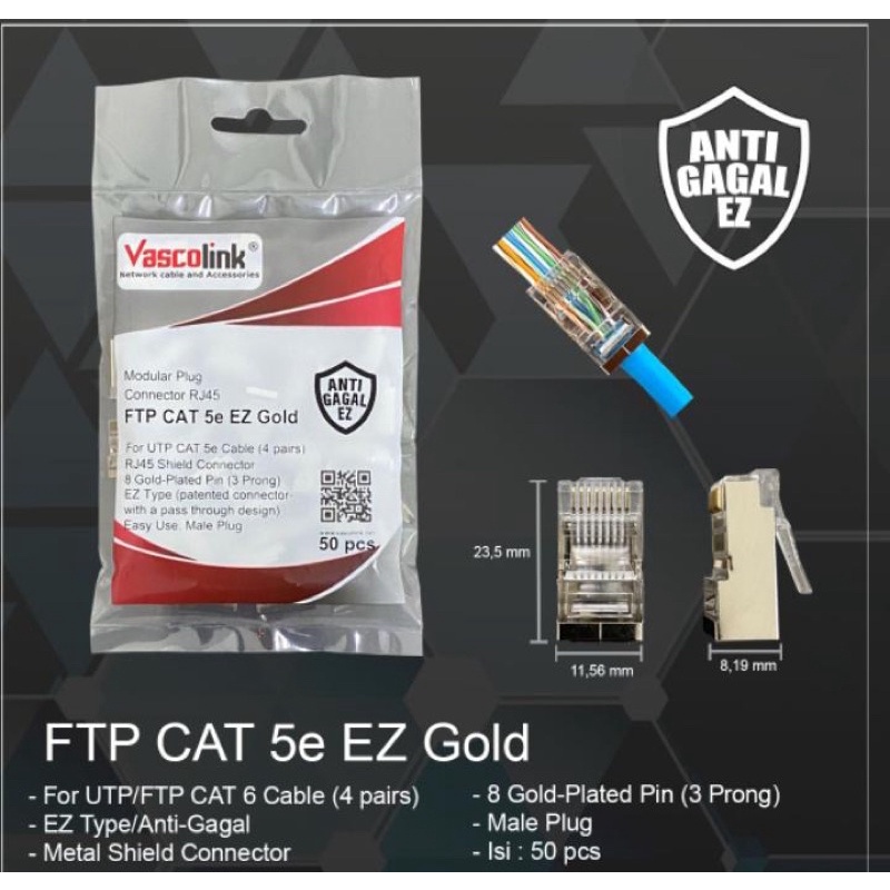 Connector vascolink rj45 FTP cat 5e EZ gold (anti gagal)