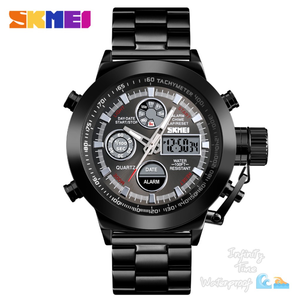 Jam Tangan Skmei 1515 Cowok Rantai Stainless Dualtime Kualitas Original Waterproof