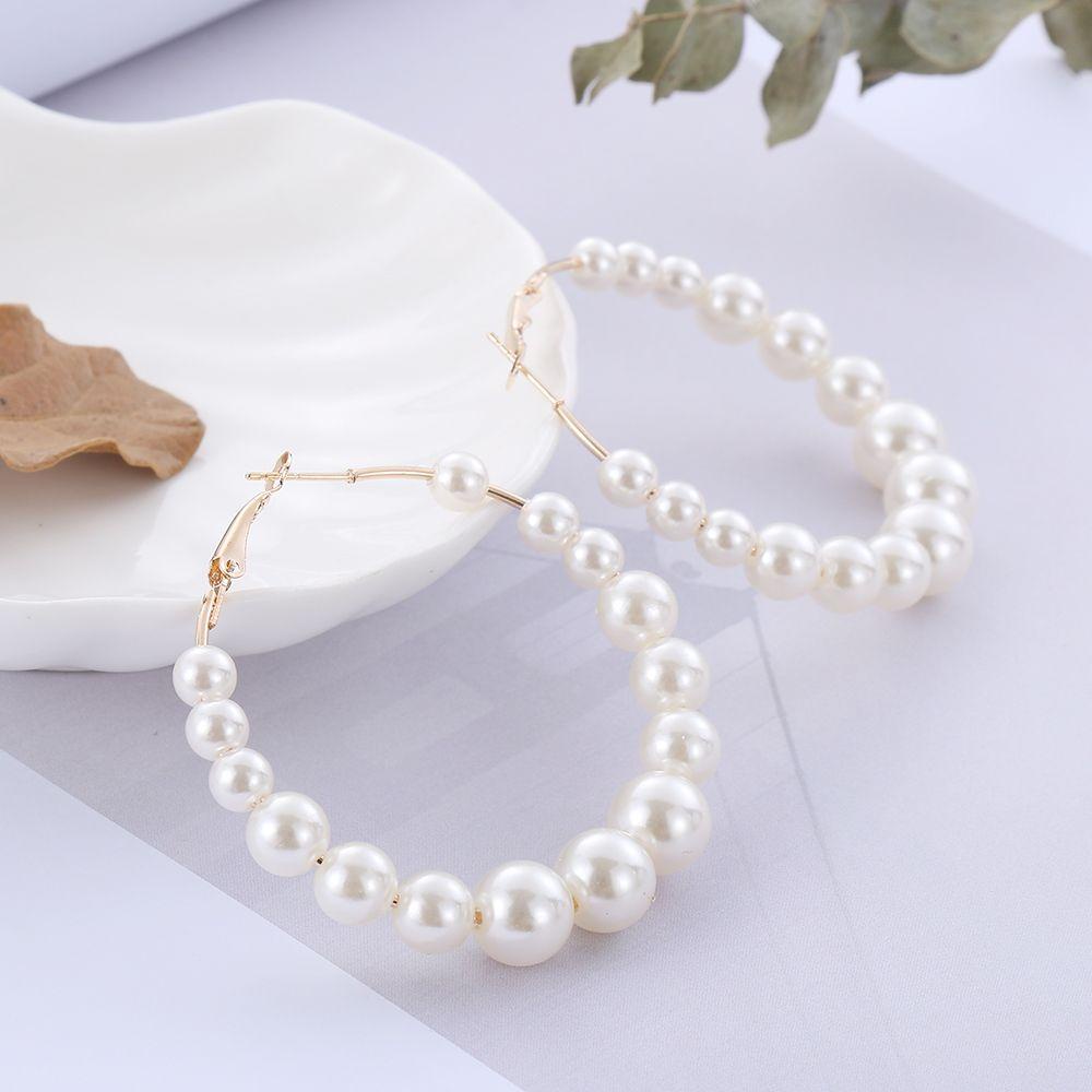 R-flower Pearl Hoop Earrings Wanita Lingkaran Besar Fashion Bentuk Bulat