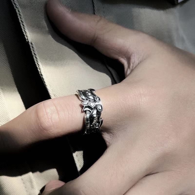 Taotie Cincin silver Motif Wajah Hewan Gaya retro Untuk Pria