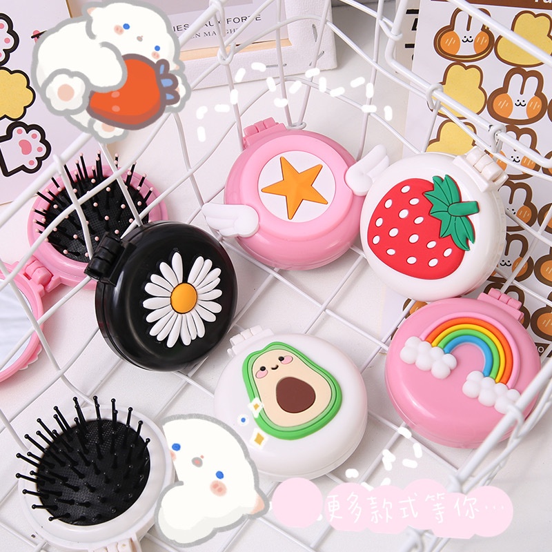 Colorful Fruit Food Animal Pattern Cute Fold Plastic Hair Care Massage Airbag Comb with Mirror Hair Styling Tool