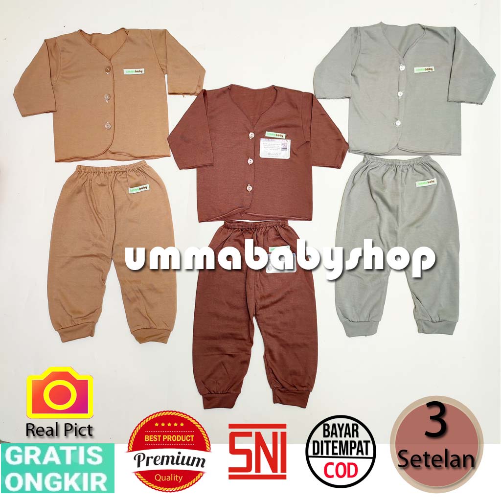 6 pcs / 3 Set Setelan Baju Bayi Baru Lahir Lengan Pendek Katun Halus Lembut SNI Baju Celana Paket Newborn Baby Perlengkapan Bayi Baru  Lahir Gift Kado Bayi Laki Perempuan-Panjang Coklat