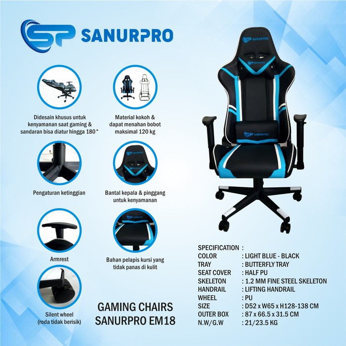 KURSI GAMING SANURPRO EM-18 BLUE RED GAMING CHAIR KURSI SANUR PRO EM18