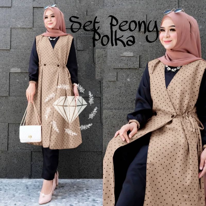 SET CELANA PEONY POLKA, CODORAY, GAMIS HIJAB MUSLIM, SETELAN