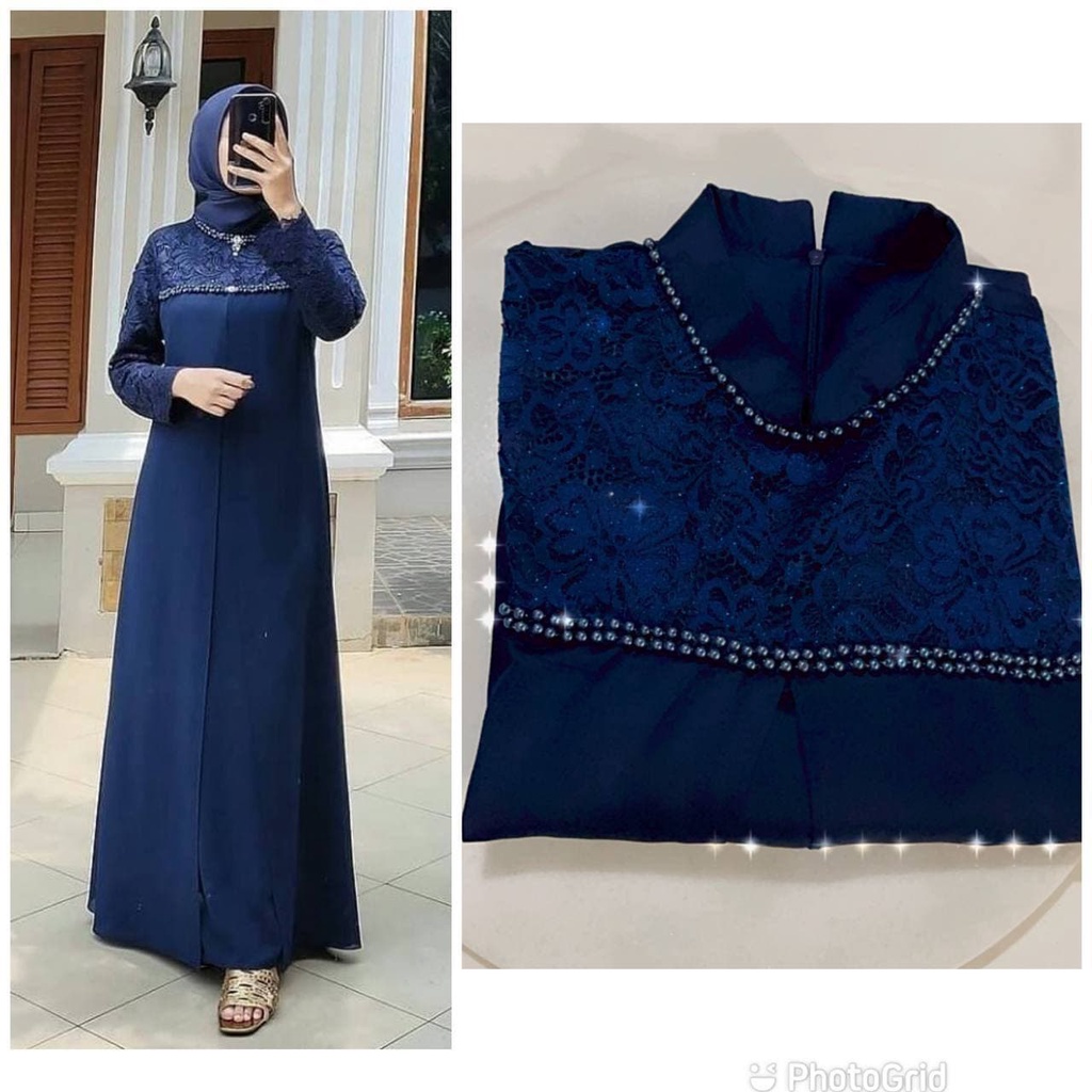 Gamis Brukat Gliter Payet Maxmara Premium Original Lengan Panjang Dress Wanita Party Dress Fashion Muslim Kekinian LD 110 cm