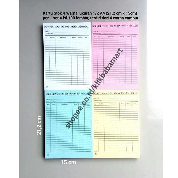 

KARTU STOK STOCK BARANG PERSEDIAAN INVENTORY GUDANG UKURAN 1/2 A4 100 LEMBAR FULL WARNA MIX CAMPUR