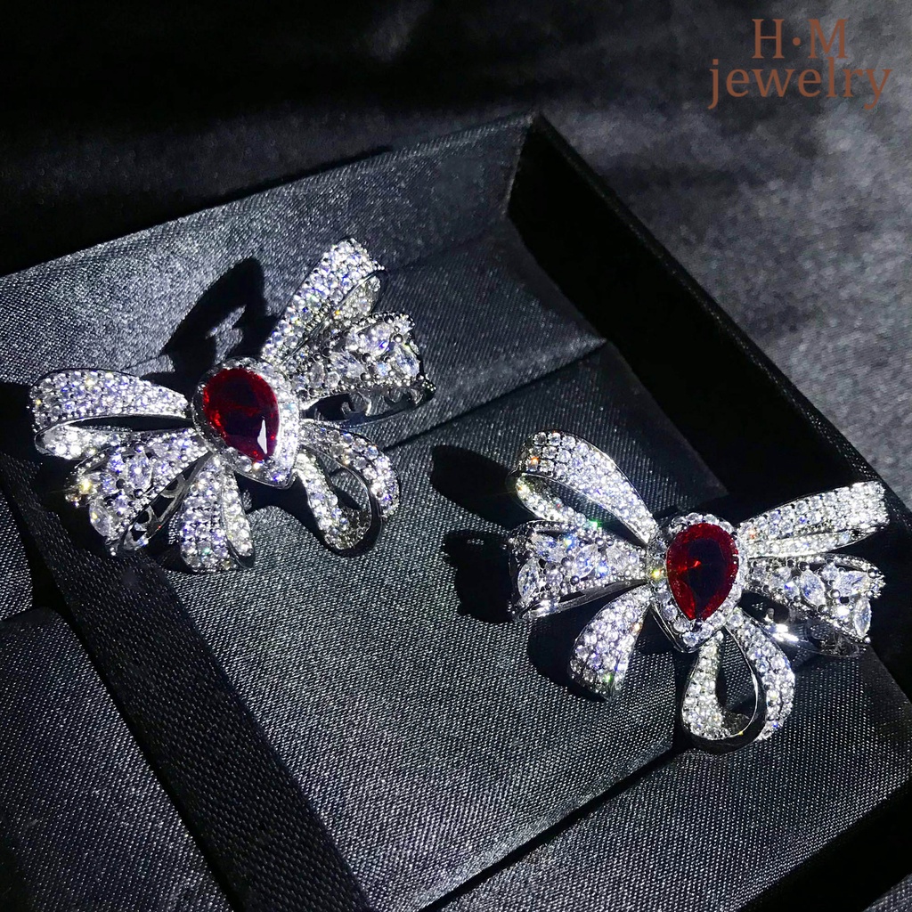 Kalung Rantai Silver S925 Wanita Liontin Pita Kupukupu Hias Berlian Merah Butterfly