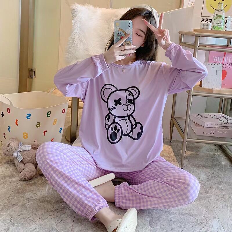 TOPGROSIR TG1109 Setelan Baju Tidur Piyama Lengan Panjang Wanita Ujung Kerut Import