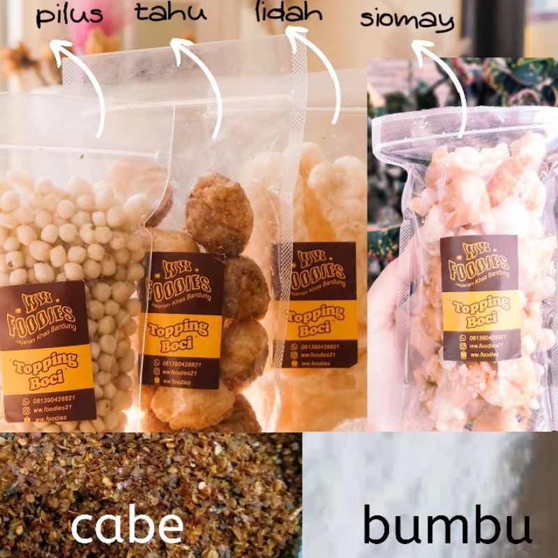 

TAHU KERING (12pcs), CUANKI LIDAH(8pcs),SIOMAY MINI(90gr),PILUS CIKUR, BUMBU BOCI,CABE JERUK(100GR)