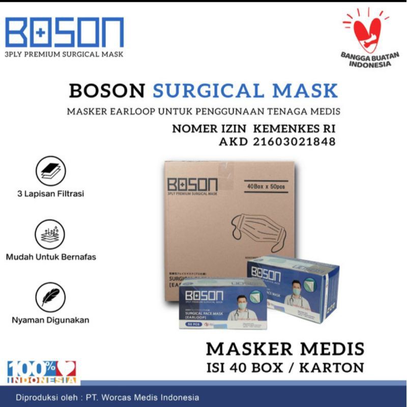 BOSON Surgical Mask Earloop 3 Ply 1 Karton - Masker Medis Isi 50 Lembar