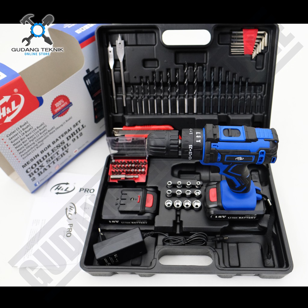 Mesin Bor Baterai 18V Set Cordless Drill Box Set HL 912 - 2 Battery 18 volt