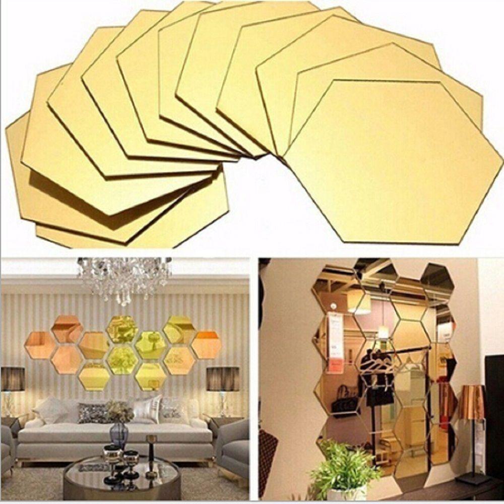 Populer 6/12Pcs Cermin Stiker Dinding Removable 3D Safety Geometric Hexagon