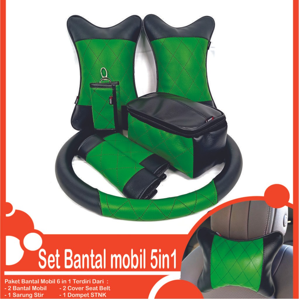 Set Bantal Mobil 5 in 1 Premium Bantal Leher Cover Stir Seatbelt Tempat Tisu Free Dompet STNK