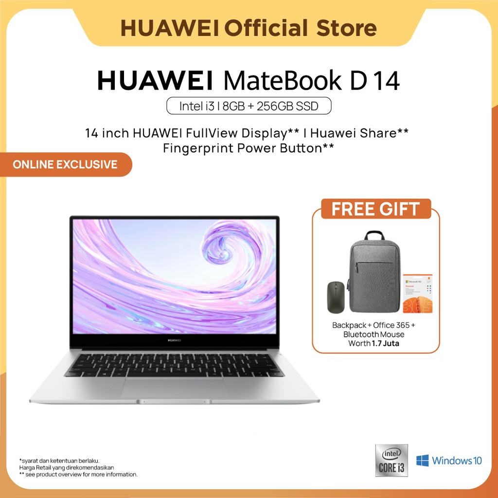 Jual Huawei MateBook D 14 laptop /  [Intel i3/i5] [8GB+256GB/512GB SSD] 14-inch Fullview Display