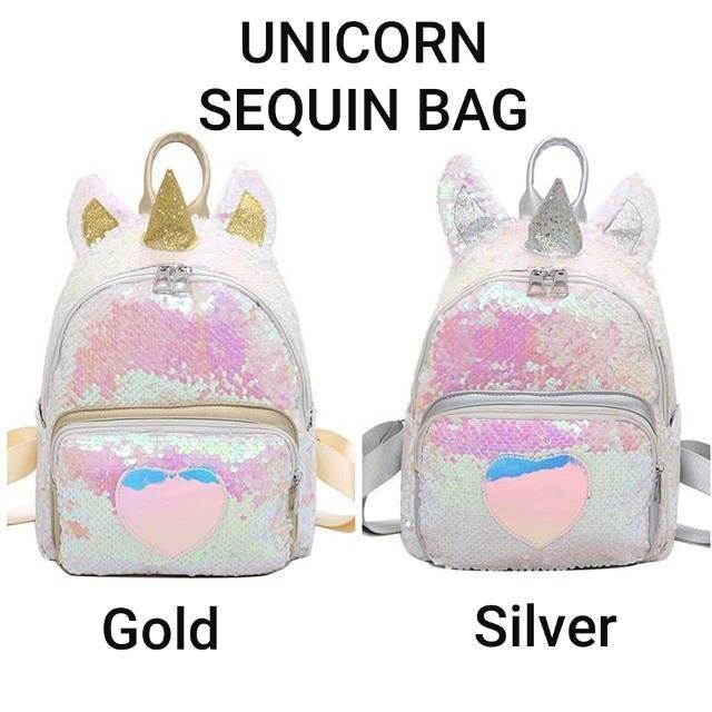 32001/2 UNICORN SEQUIN BAG / RANSEL SEKOLAH ANAK / TAS UNICORN BLING IMPORT KOREA MURAH GOLD SILVER