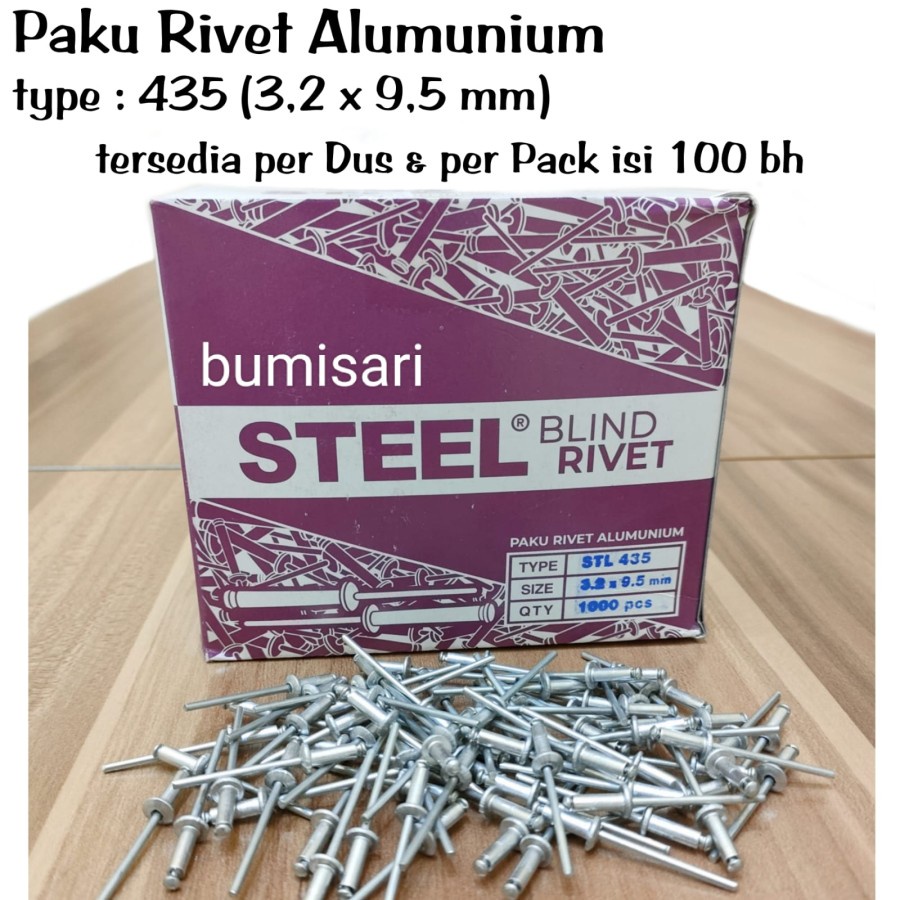 Paku Rivet Alumunium 435 (3,2 x 9,5 mm) - Per pack isi 100