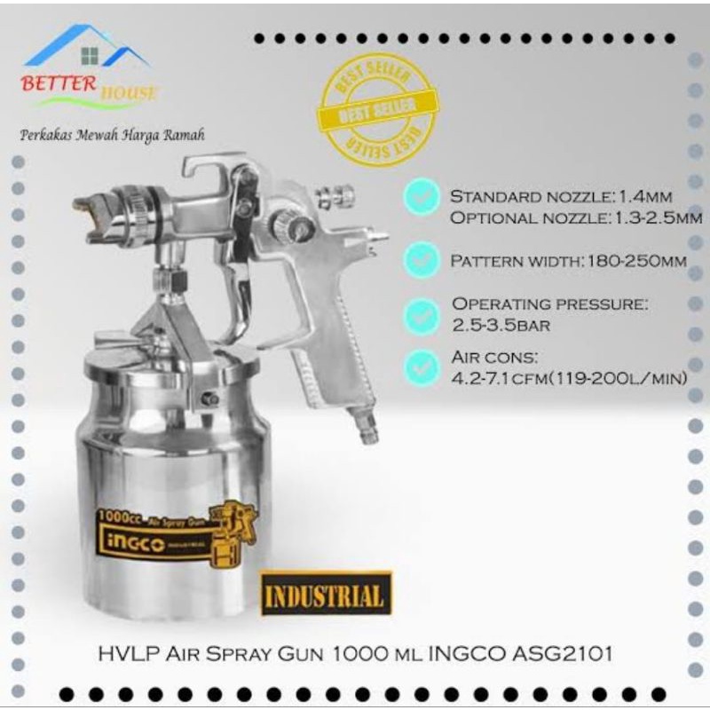 SPRAY GUN SEMPROTAN ANGIN CAT HVLP TABUNG BAWAH 1000CC INGCO BONUS 2 SET SARUNG TANGAN INGCO