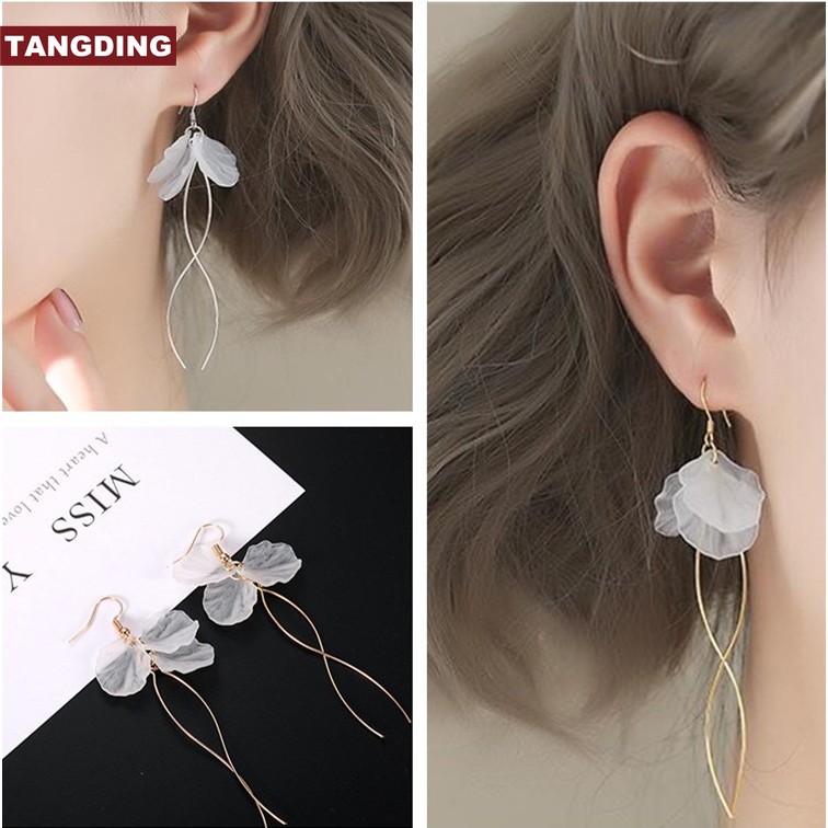 【COD Tangding】Long Pendant Petal Tassel Hook Earrings Fashion Girls Flower Ear Studs