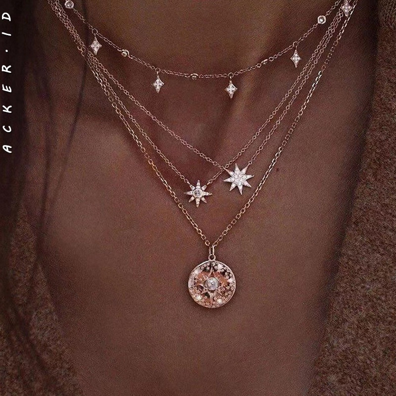 Set Kalung Multilayer Bahan Alloy Dengan Liontin Bintang Aksen Berlian Untuk Wanita