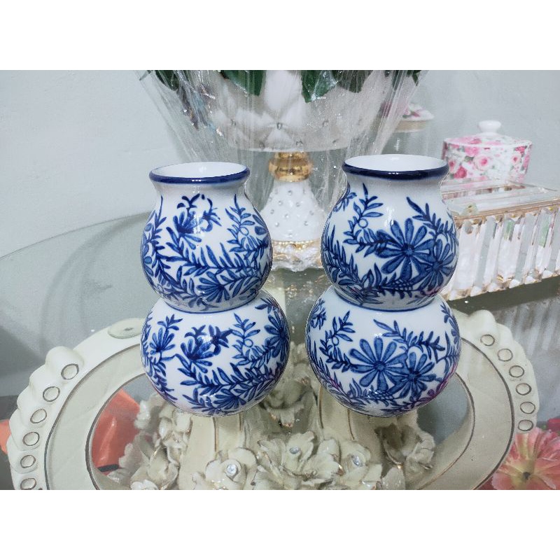 guci keramik putih biru, guci/vas cina putih biru mini set 2pc