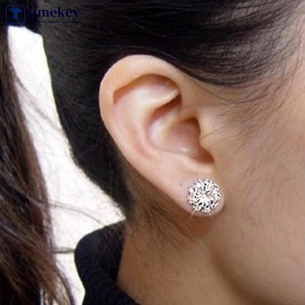 Timekey 1 Pasang Anting Tusuk Silver Hias Kristal Berlian Imitasi Untuk Wanita A1K9