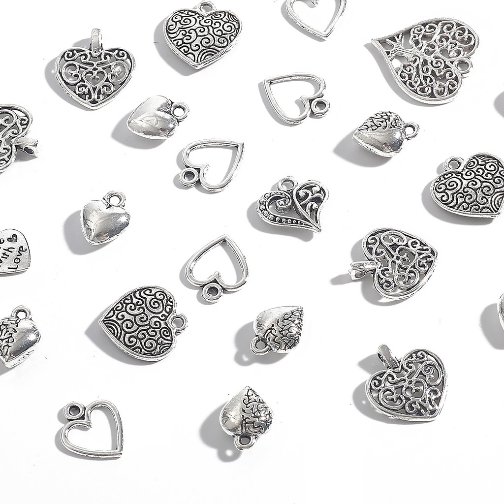 10/20/30/50 PCS Mix Size Alloy Heart Shape Antique Silver color Jewelry Accessories and Components for Making Bracelet Necklace