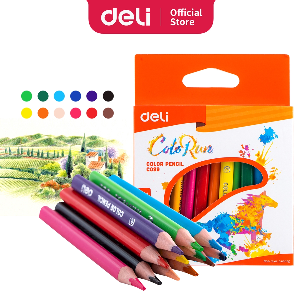 Deli Pensil Warna 12 Warna Bebas Kayu Warna Terang Pegangan Segitiga Ec09900 Shopee Indonesia