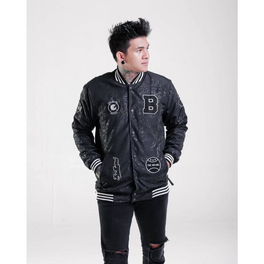 Jaket Baseball Varsity Pria Motif Black/Jaket Bomber Parasut Baseball/Jaket Bomber Motif
