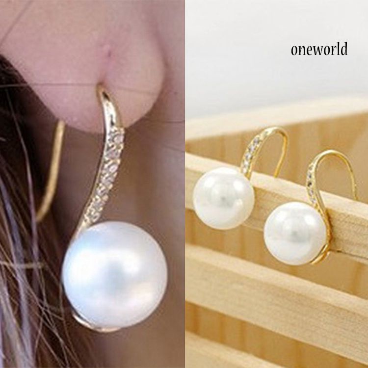 OW@ Fashion Faux Pearl Drop Rhinestone Inlaid Hook Earings Women Piercing Jewelry