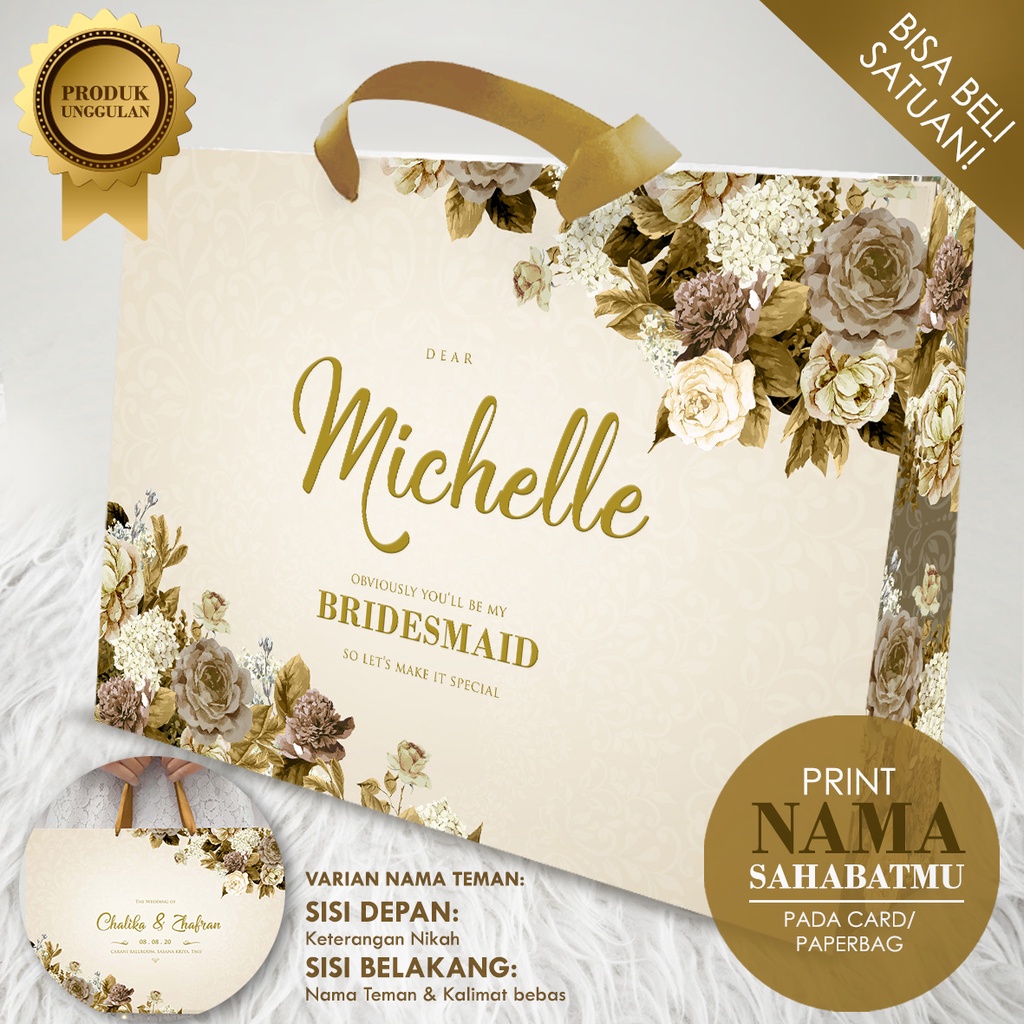 

Paperbag Bridesmaid GOLD FLOWER / BUNGA EMAS COKLAT ELEGANT SIMPLE RUSTIC CUSTOM NAMA TEMAN