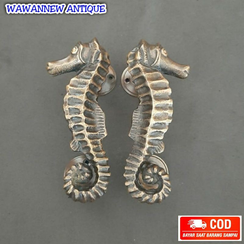 Handle Pintu / Gagang Laci Tarikan Pintu Rumah Kuningan Antik Motif Kuda Laut 11cm