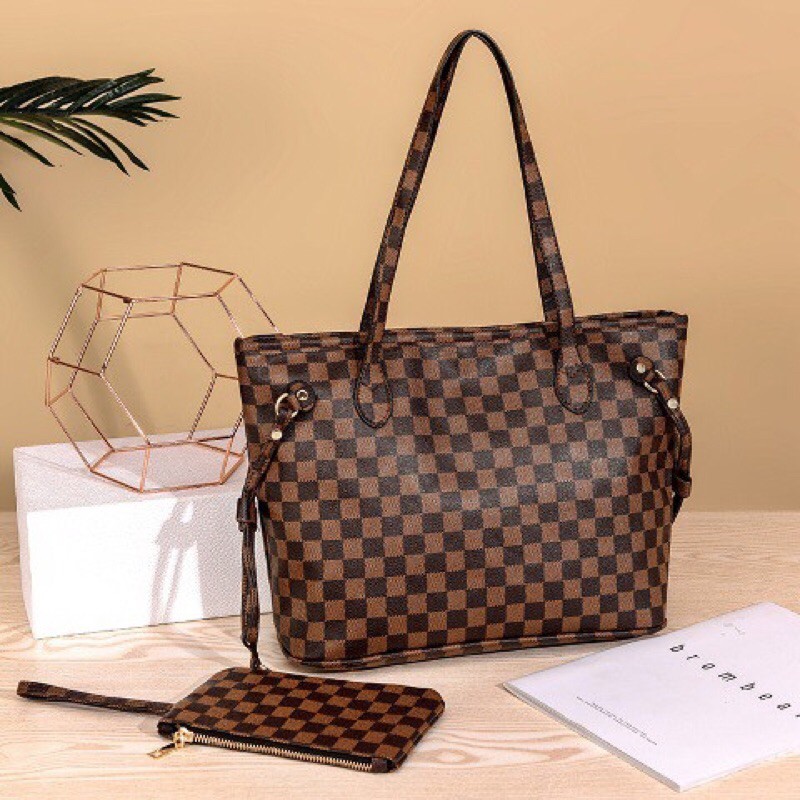 SG7482 syafniegalery tote bag  2in1 impor motif kotak free dompet 1875