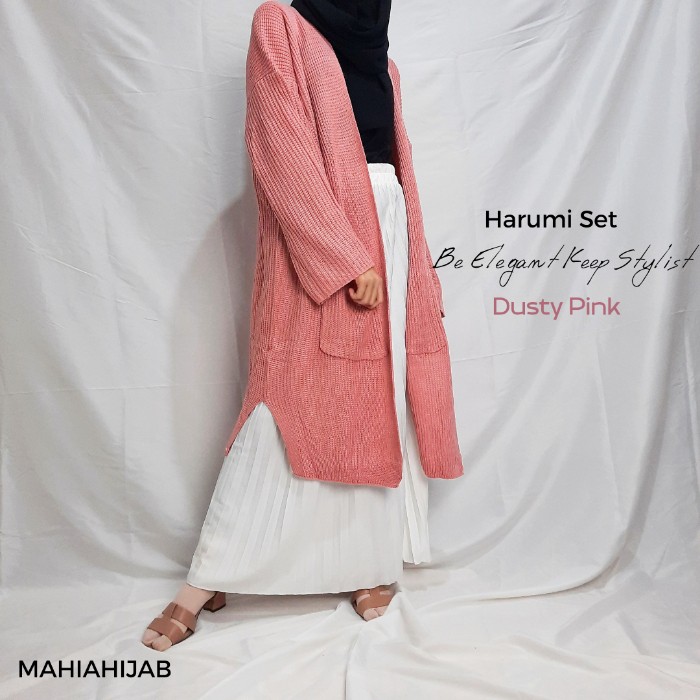 Harumi one set Long Cardi Rajut + Rok Plisket KOREAN STYLE paket hemat OOTD HIJAB, SETELAN LENGKAP