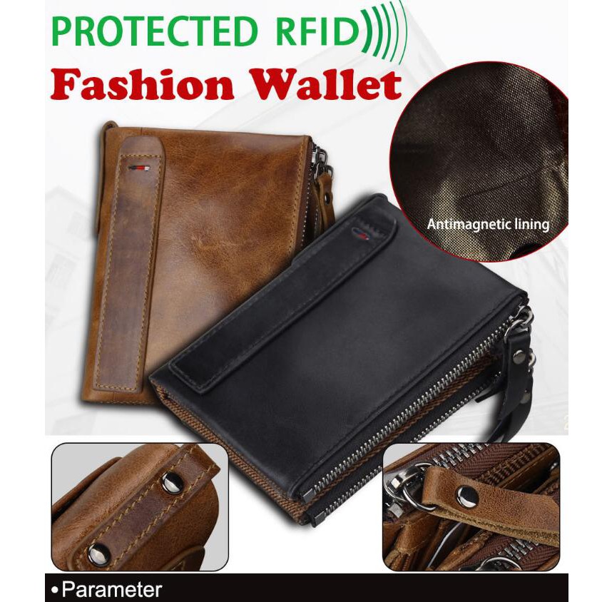 Bisa COD Real Pict Dompet pria cowok pendek kulit asli RFID PROTECTED import AEH50