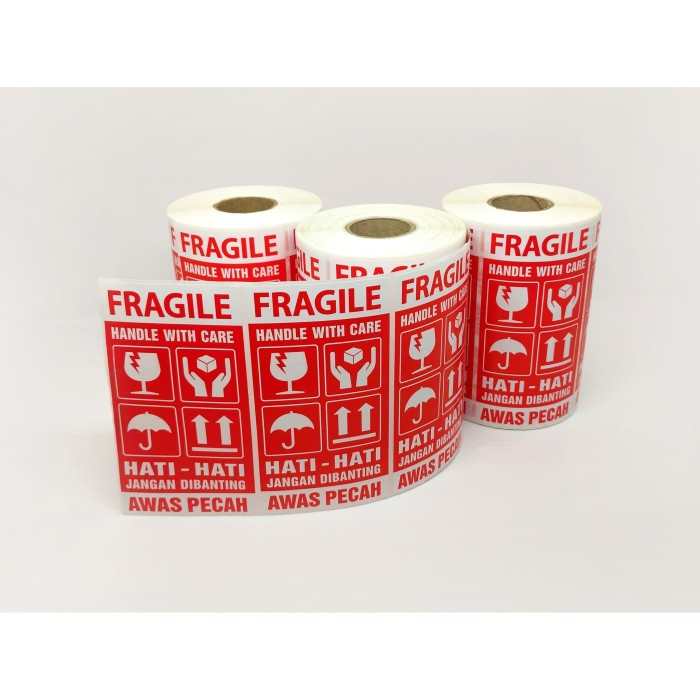 

perekat-pengikat- sticker label fragile hati-hati awas pecah 9,5x5 cm (1 roll/ 500 pcs) - dasar