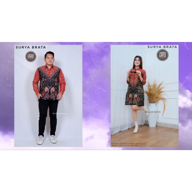 COUPLE BATIK SURYA BRATA BATIK COUPLE SARIMBIT , ATASAN TUNIK BATIK WANITA , BATIK PRIA LENGAN PANJA