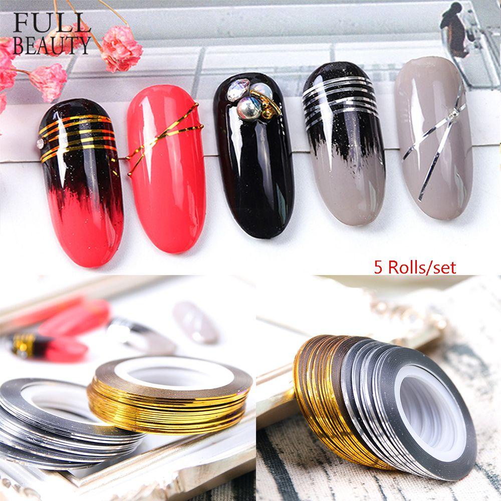 R-flower 5roll/set Stiker Pita Nail Art Striping Line Hot Glitter Gold Silver