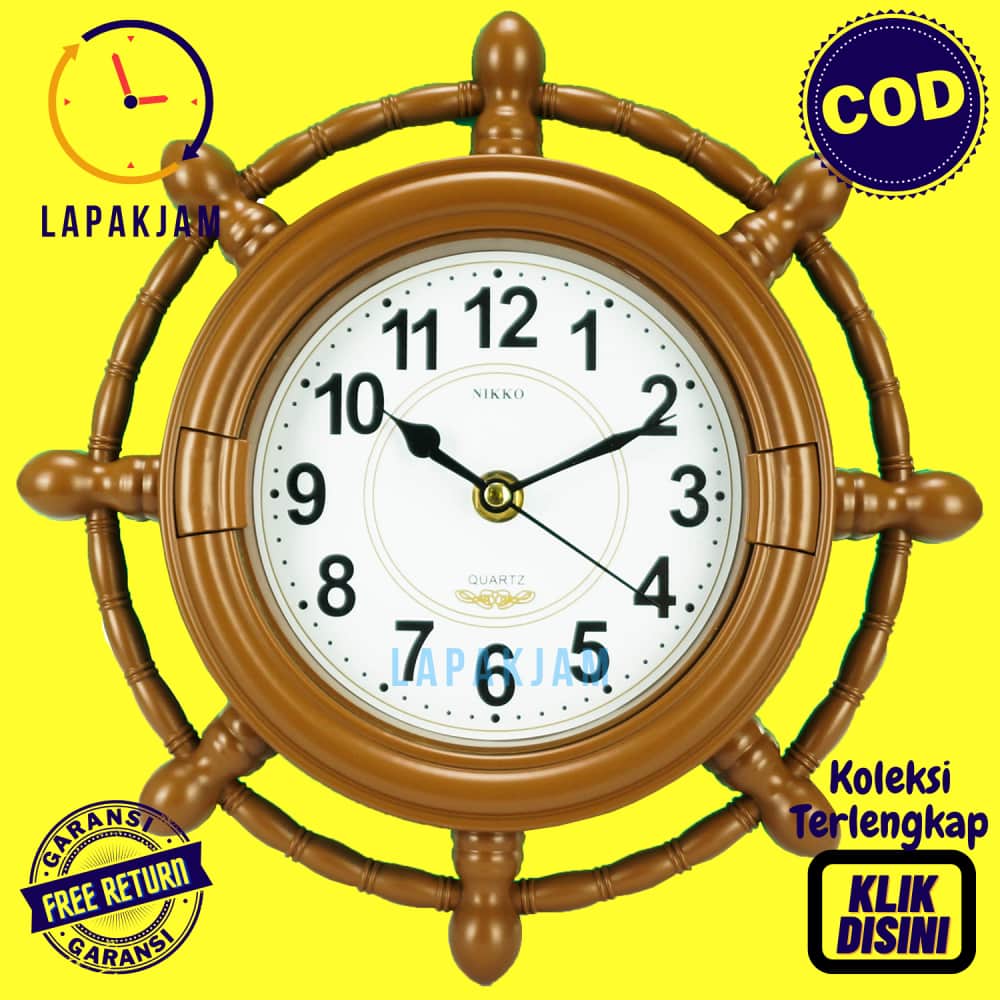 Jam Dinding Analog Dekorasi Dinding Jangkar Kemudi Kapal Unik Besar Nikko NK-35028H Cokelat Modern