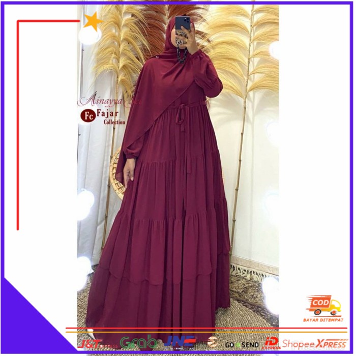 ❤BISA COD❤ GAMIS AINAYA DRESS POLOS CERUTI BEBYDOLL ORI BY FAJAR COLECTION - Maroon, All Size