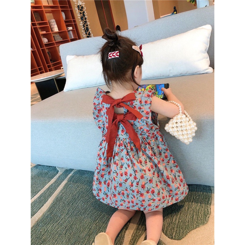 Dress Anak Perempuan Korean Fashion Floral Pita Red Non-Sleeve Gaun