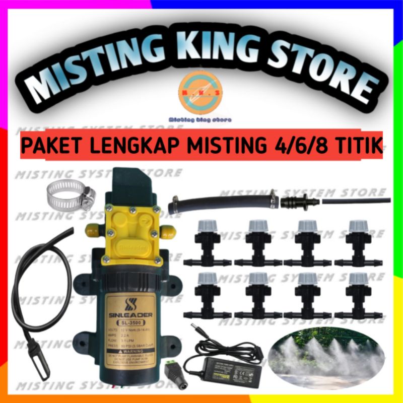 PAKET SET MISTING 4 6 8 10 TITIK MIST NOZZLE GRAY HEAD SPRAYER SPRUYER SPRAY POMPA DC 12V 100PSI SINLEADER SELANG PE 7MM ALAT SIRAM TAMAN ADAPTOR 5A MURNI