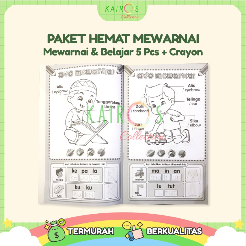 Paket Hemat 5 Buku Belajar Mewarnai Anak &amp; Crayon 12 Warna Lengkap