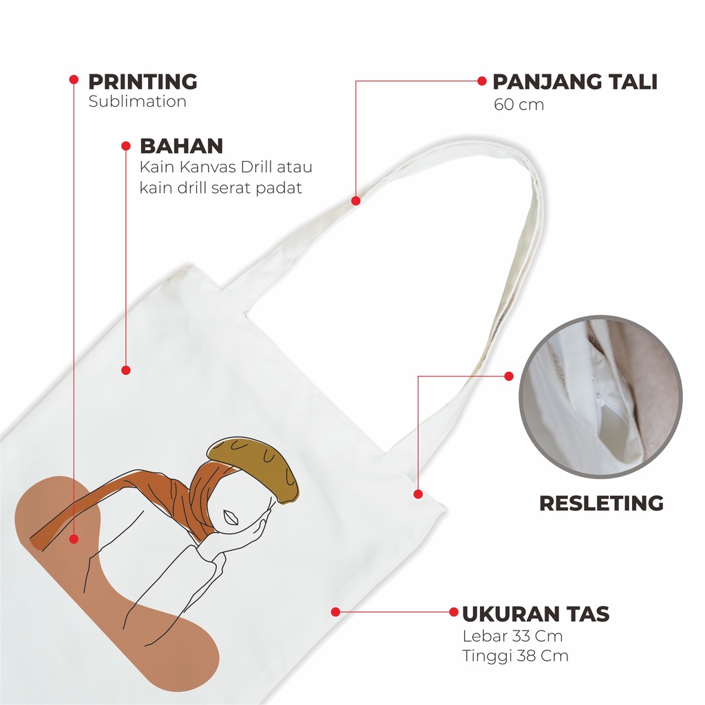 Sevine Tote Bag Resleting Tas Wanita Totebag Aesthetic Nordic Line Art Series - LN