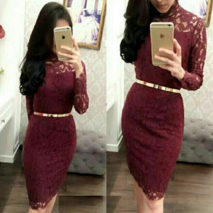 promo mini dress brukat maroon / baju pesta natal terbaru