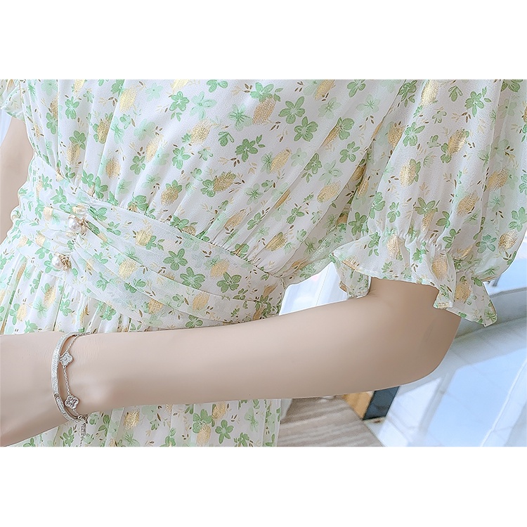 2022 New Fashion Korean Style Chiffon Green Floral Print Casual Party Midi Dress Summer Short Sleeve Women V-neck Dresses Wanita Putih 2023t