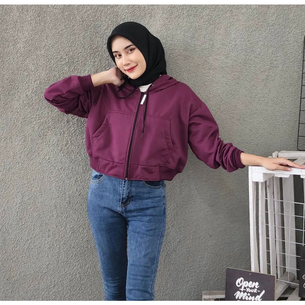 Hoodie zipper crop fleece kupluk tali