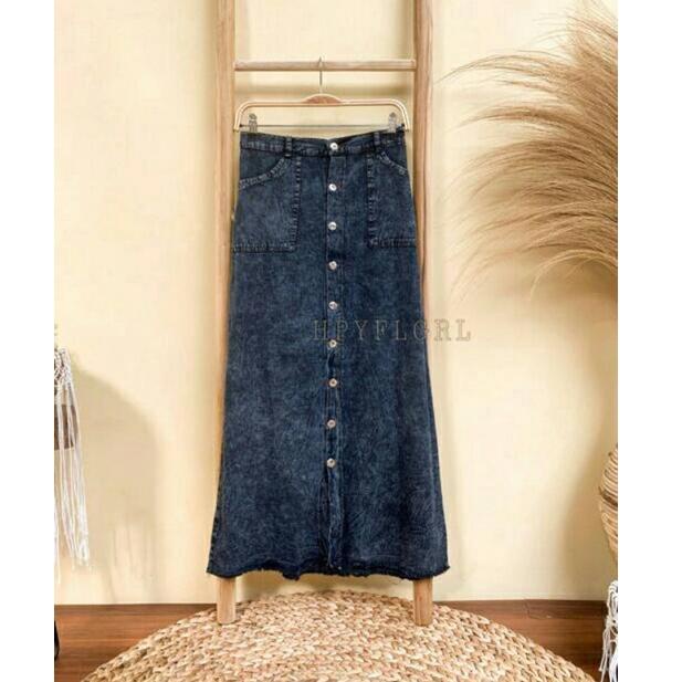 ROK BUTTON SNOW HITAM // ROK JEANS PANJANG BUTTON UP MAXI SKIRT SNOW BLACK// ROK JEANS PANJANG//ROK 