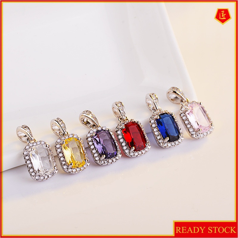 [Ready Stock]Fashion Square Princess Diamond Pendant Color Gemstone Necklace