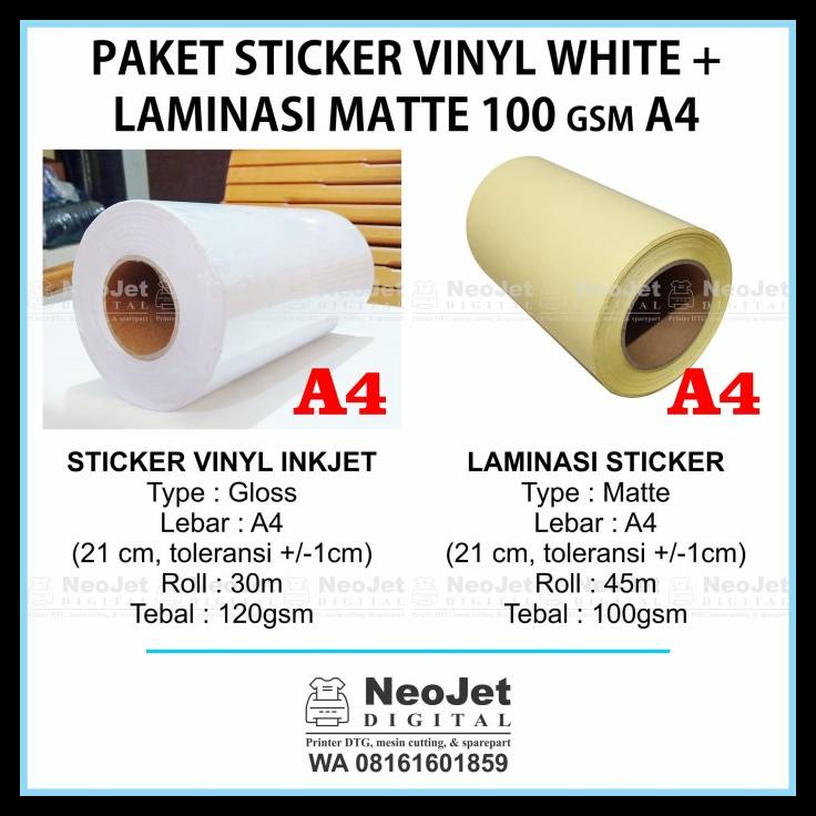 

Paket Sticker Vinyl Inkjet White Laminasi Matte Doff 100 Gsm A4 Mate