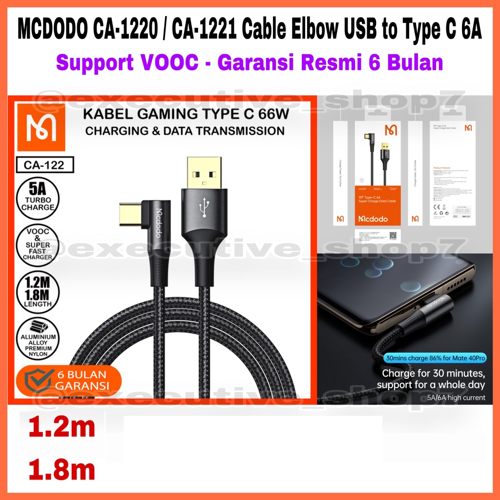 MCDODO CA-1220 / CA-1221 Cable Elbow USB to Type C 6A - Support VOOC - Garansi Resmi 6 Bulan